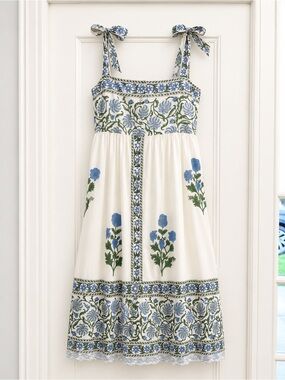 Juliet Dunn Cream Maxi Dress with Blue and Green Floral Embroidery